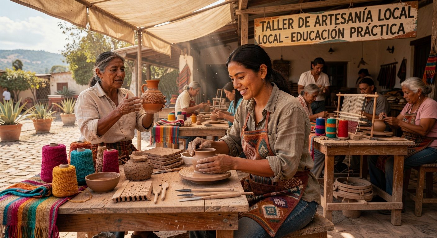 Traveler learning local crafts at a community workshop