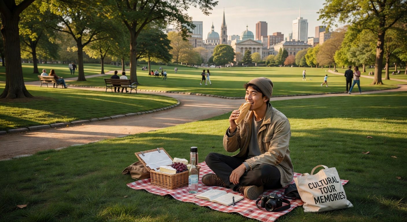 Solo traveler enjoying a peaceful picnic in a safe, welcoming park
