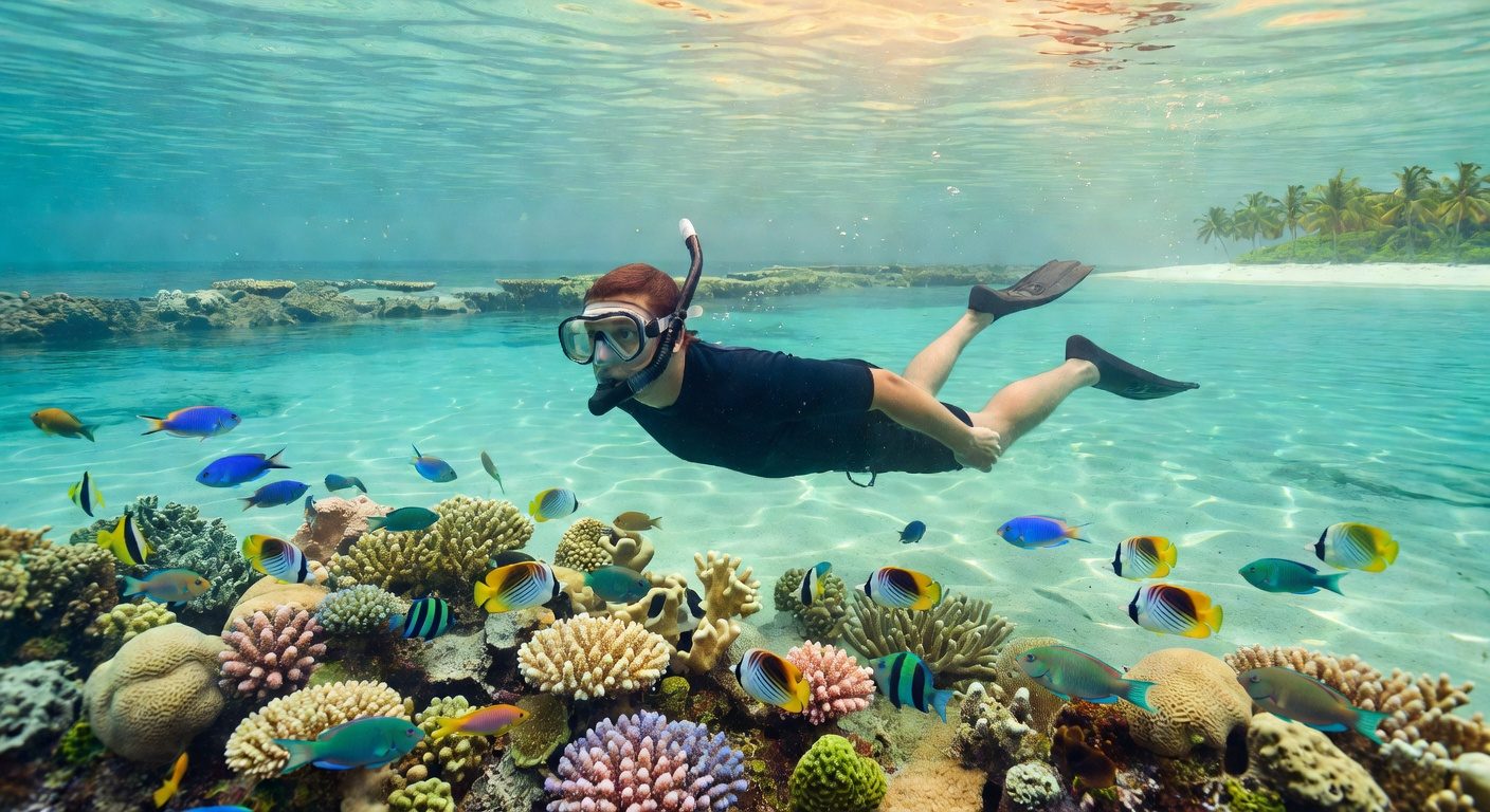 Solo snorkeling in a crystal-clear tropical lagoon