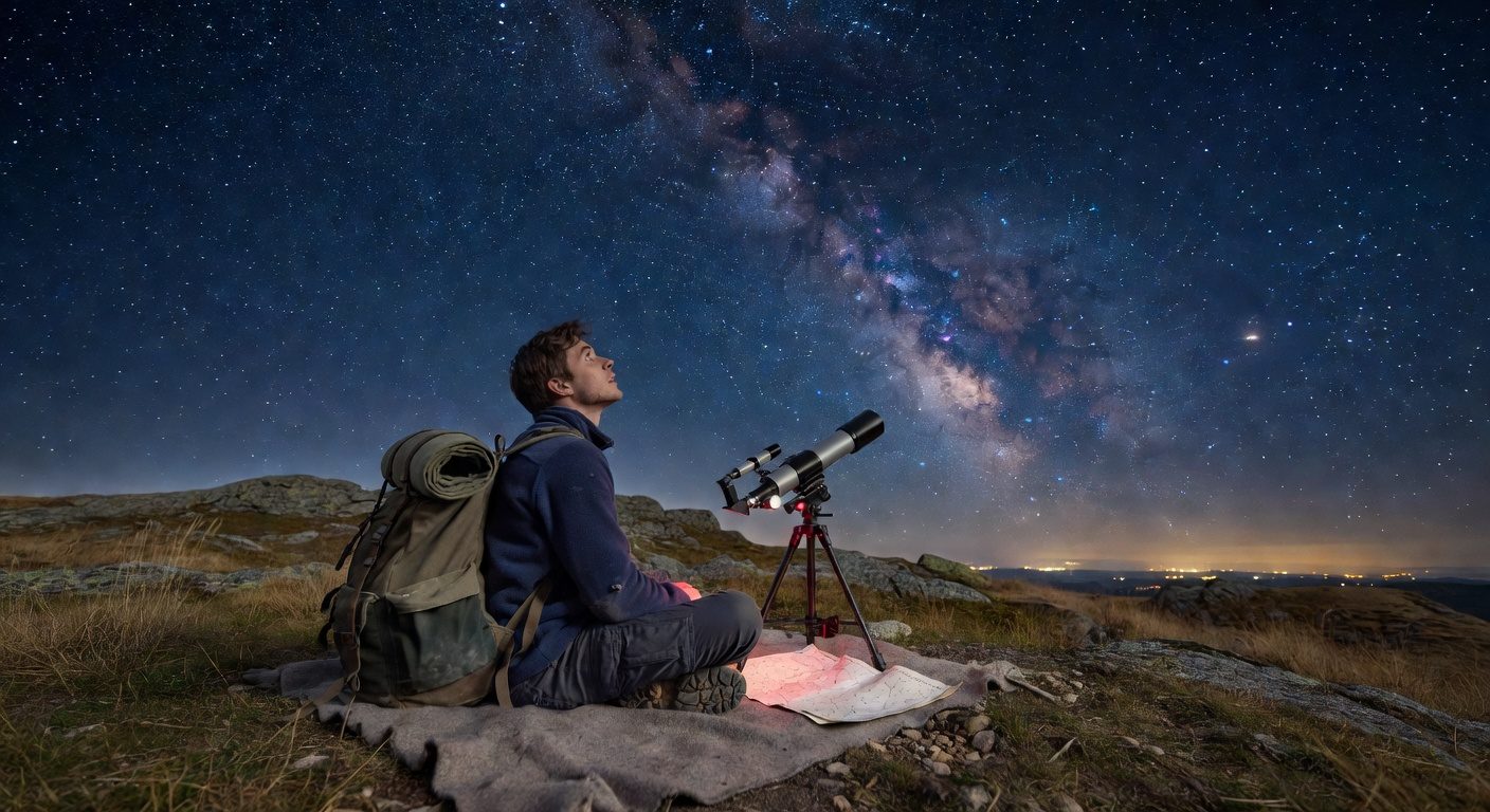 Solo traveler stargazing from a hilltop at night