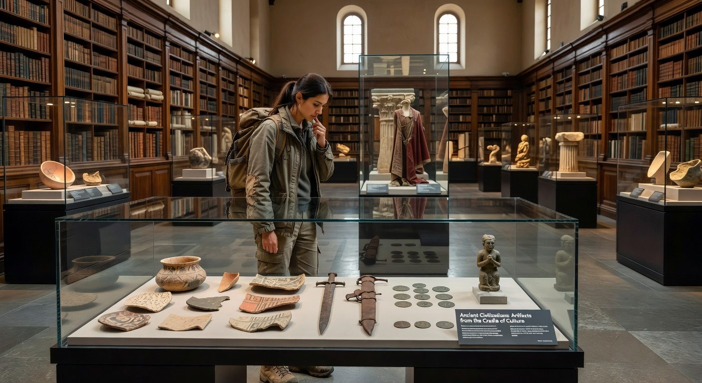 Solo traveler examining ancient museum artifacts