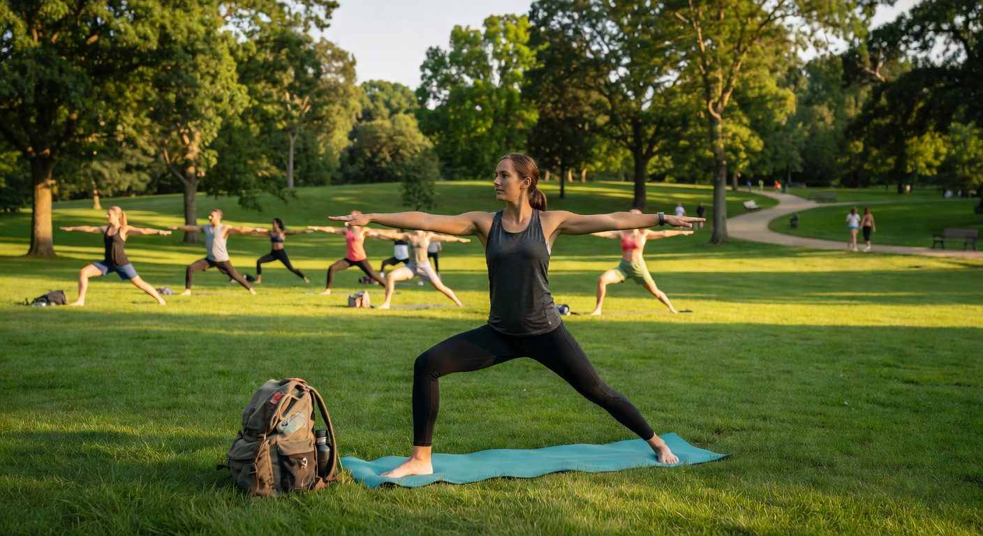 Person practicing yoga peacefully in an outdoor park — embodying the mindful travel philosophy
